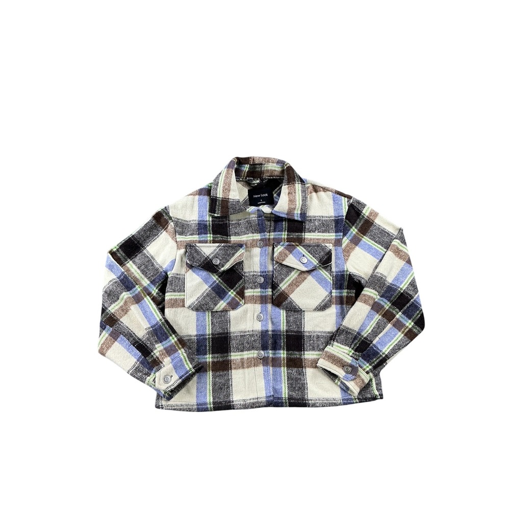 New Look Plaid Shacket Womens Small Blue Brown Cream Button Front Shirt Jacket